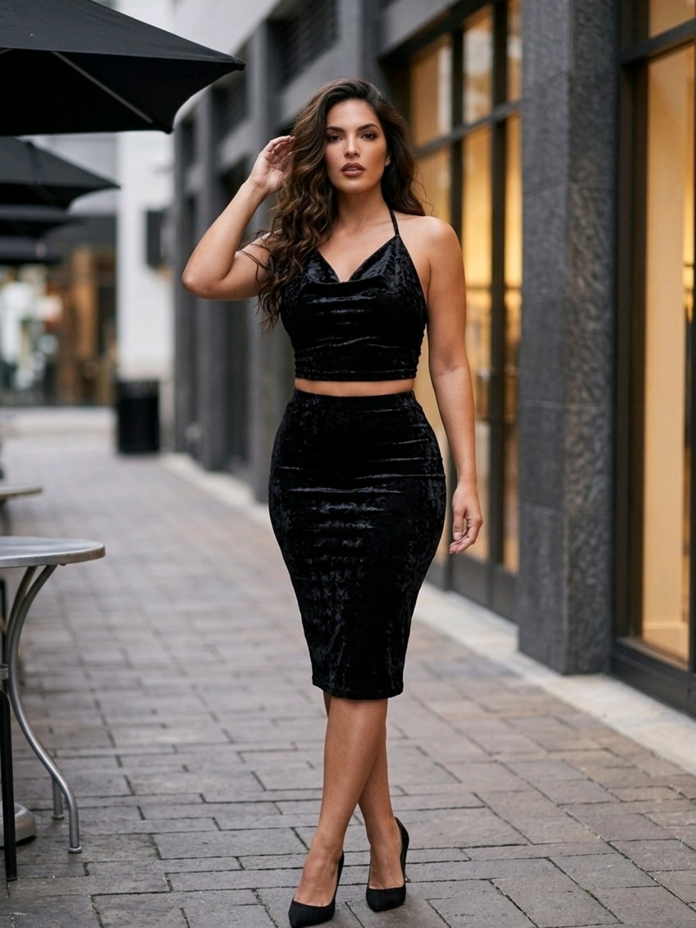 Leith Black Velvet Pencil Skirt